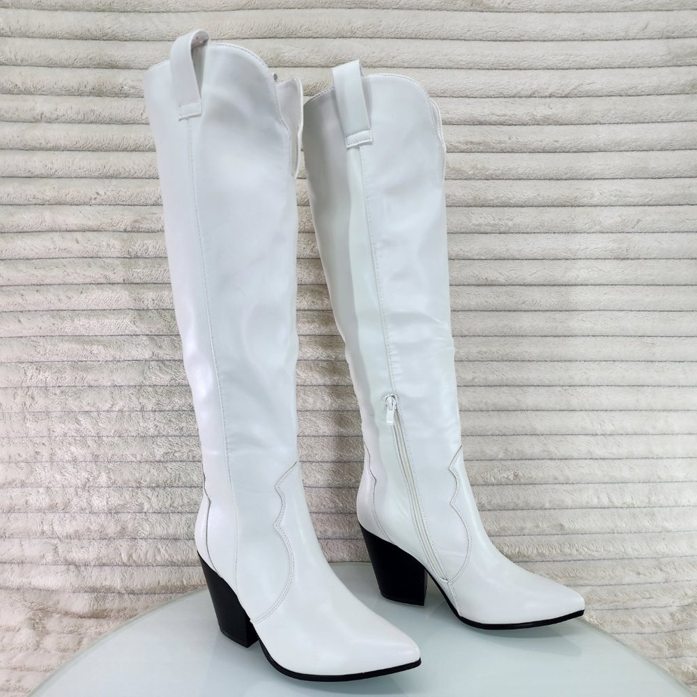 Country Rocker White Vegan Leather Western Cowgirl Cowboy Knee Boots